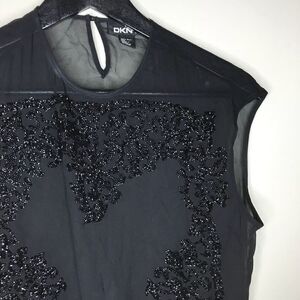 DKNY Sz 4 black sheer silk beaded heart blouse top
